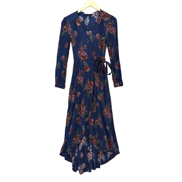 ASTR Isabel Maxi Wrap Dress Navy Burgundy Floral Long Sleeve Lined Size XS - Picture 1 of 15